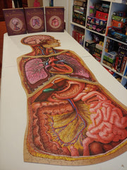 Dr. Livingston's upper body jigsaw puzzle laid on the table together with its box