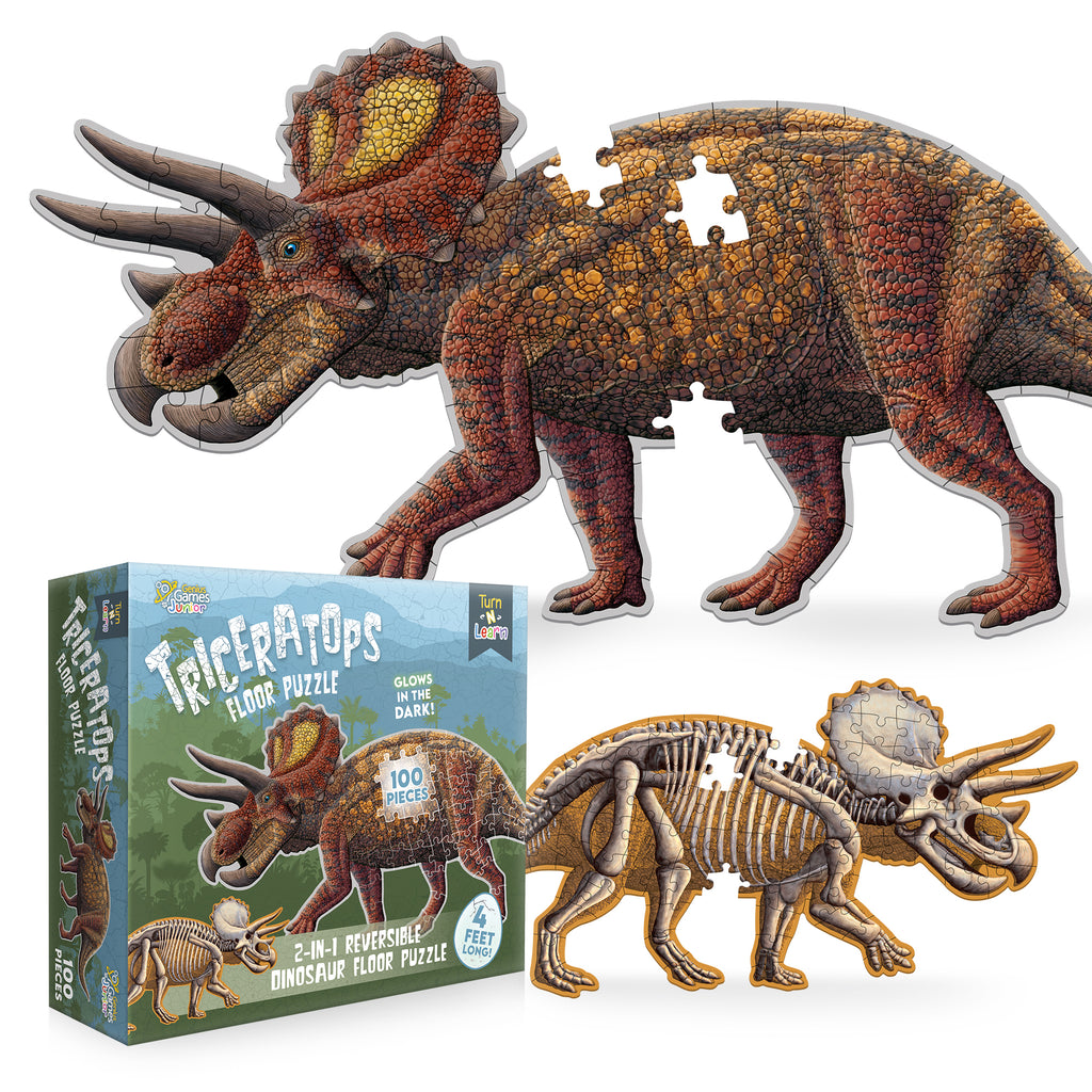 Triceratops Dinosaur Jigsaw Puzzle - 4FT Double Sided Floor Puzzle -  100-Piece Glow in the Dark & Scientifically Accurate Educational Puzzles  for Kids