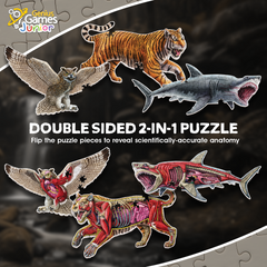 Tiger, Shark and Owl Animal Anatomy Floor Puzzle Bundle | 100-Piece Double Sided Jigsaw Puzzle | Large-Sized, Scientifically Accurate Illustration - Fun and Educational Toy for Kids and Toddlers