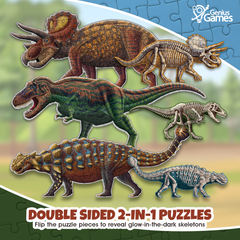 Bundle - Dinosaur Puzzles - Tyrannosaurus Rex, Triceratops & Ankylosaurus | Glow in the Dark Double Sided Jigsaw Puzzles for Kids