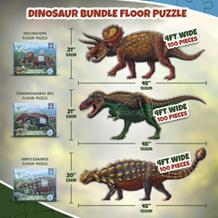 Bundle - Dinosaur Puzzles - Tyrannosaurus Rex, Triceratops & Ankylosaurus | Glow in the Dark Double Sided Jigsaw Puzzles for Kids