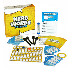 What's inside the box of Nerd Words Science. A game by Genius Games